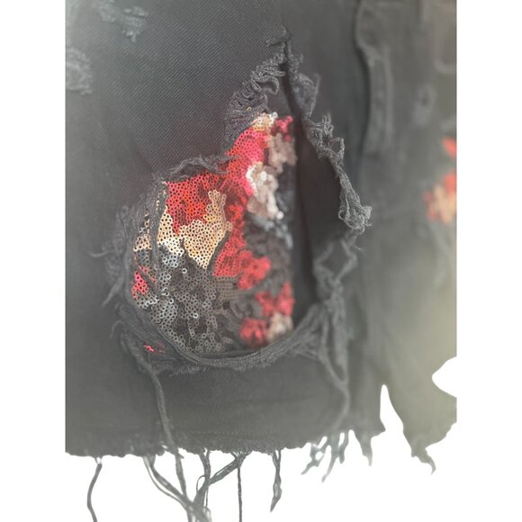 Distressed 8 Black Denim Sequin Patch Frayed Hem High-Waisted Shorts - Picture 8 of 10